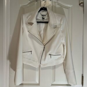 White House Black Market White Moto Style Blazer with Silver Zipper.